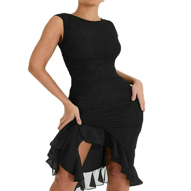Women Y2K Tank Dress Sleeveless Backless Split Dress Irregular Mesh Ruffle Trim Midi Club Dress