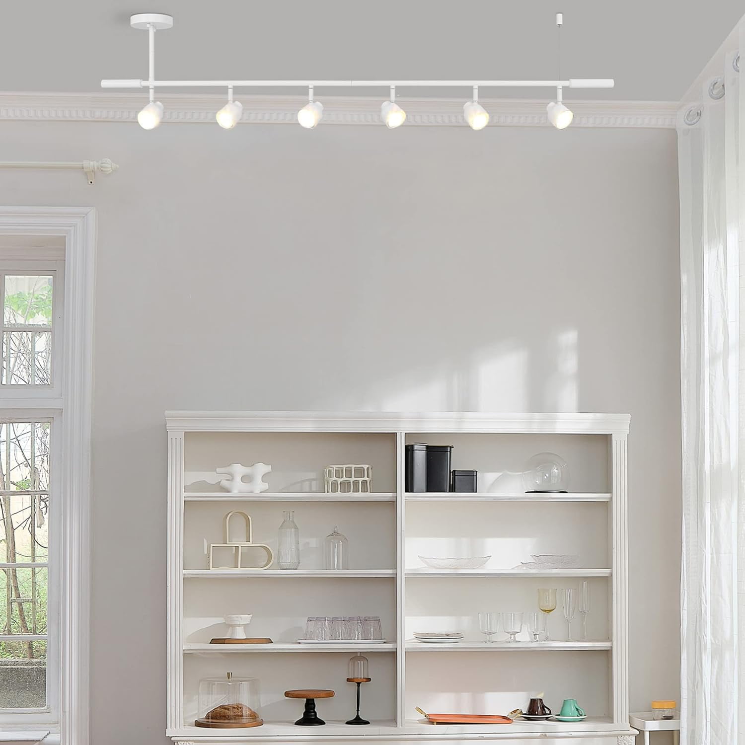 6-Light Adjustable Height Track Lighting, Matte White, Ceiling Light, Track Light Heads, Pivot Shades, Track Ceiling Light, Track Lighting Kit, 6 Bulb Kitchen Light