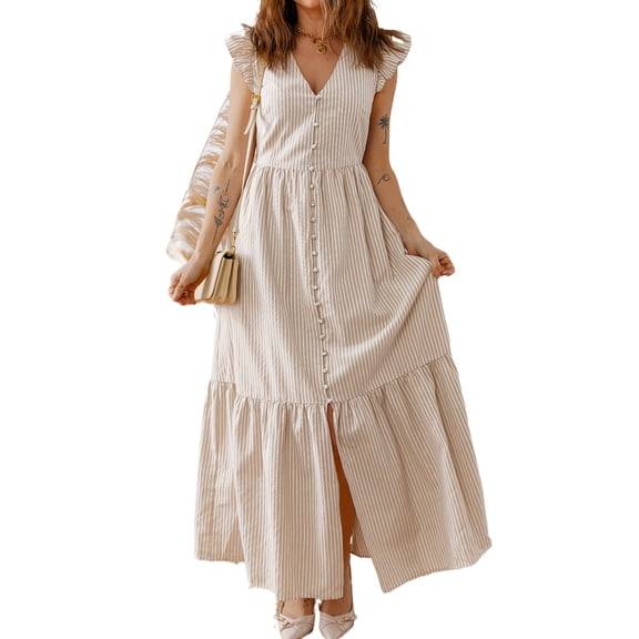 Women's Khaki Stripe Flutter Sleeve Maxi Dress – Casual V Neck for Summer Vacations, XL