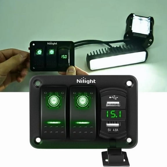 Nilight 2-Gang Green Rocker Switch Panel with Voltmeter & Dual USB Charger for Car, Truck, Boat, RV