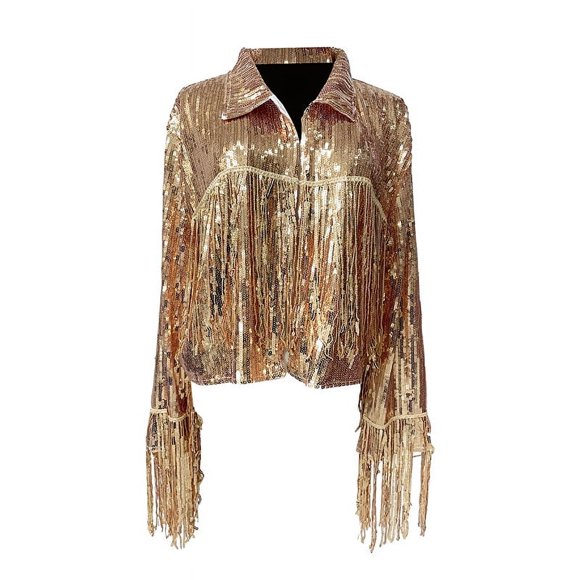 Chaqueta con borlas de lentejuelas, chaqueta deportiva para mujer, para bar, discoteca, escenario, informal, chaqueta con borlas de lentejuelas para mujer