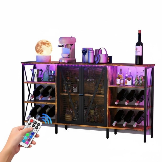 Garvee Wine Bar Cabinet 55.12 x 13.78 x 30.31", Wine Rack & Glass Holder, USB LED Light, Retro Brown
