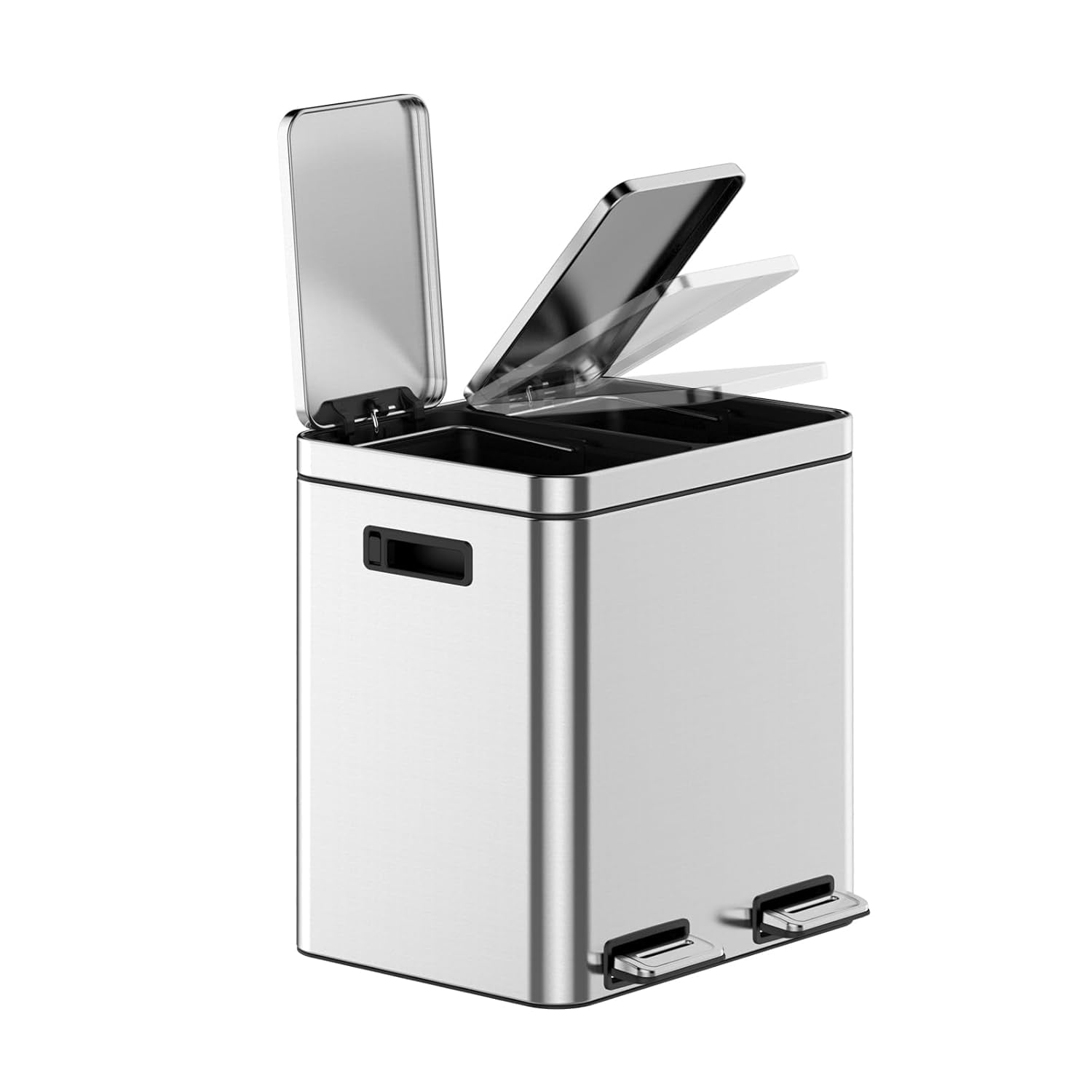 GOGRANT Kitchen Trash Can, 2 x 4 Gal Garbage Can, Stainless Steel Waste Bins for Recycling and Trash, 2 Compartments with Removable Inner Buckets, Step On Pedal, Quite-Close Lid, Silver