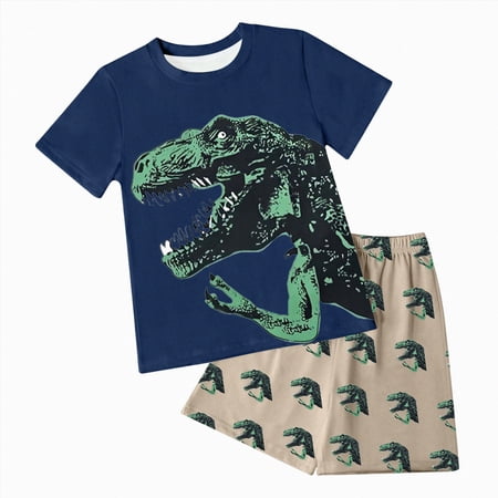 Duqingm Boys Short Sleeve T-Shirt and Short Outfit Set Size 2-7 Years Toddler Boys Dinosaur Print Cotton Summer Outfits Sets(Navy 3-4 Years)