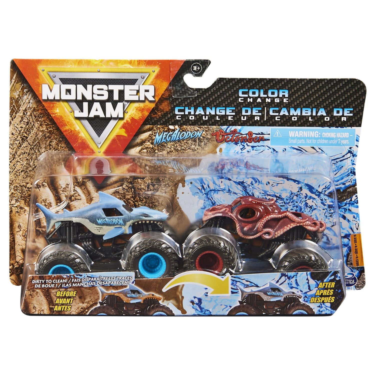 Monster Jam, Official Megalodon vs. Octob8er Color-Changing Die-Cast Monster Trucks, 1:64 Scale