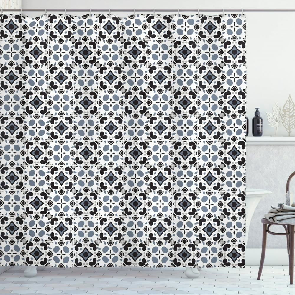 Black and Grey Shower Curtain, Ethnic Tile Like Repetitive Victorian