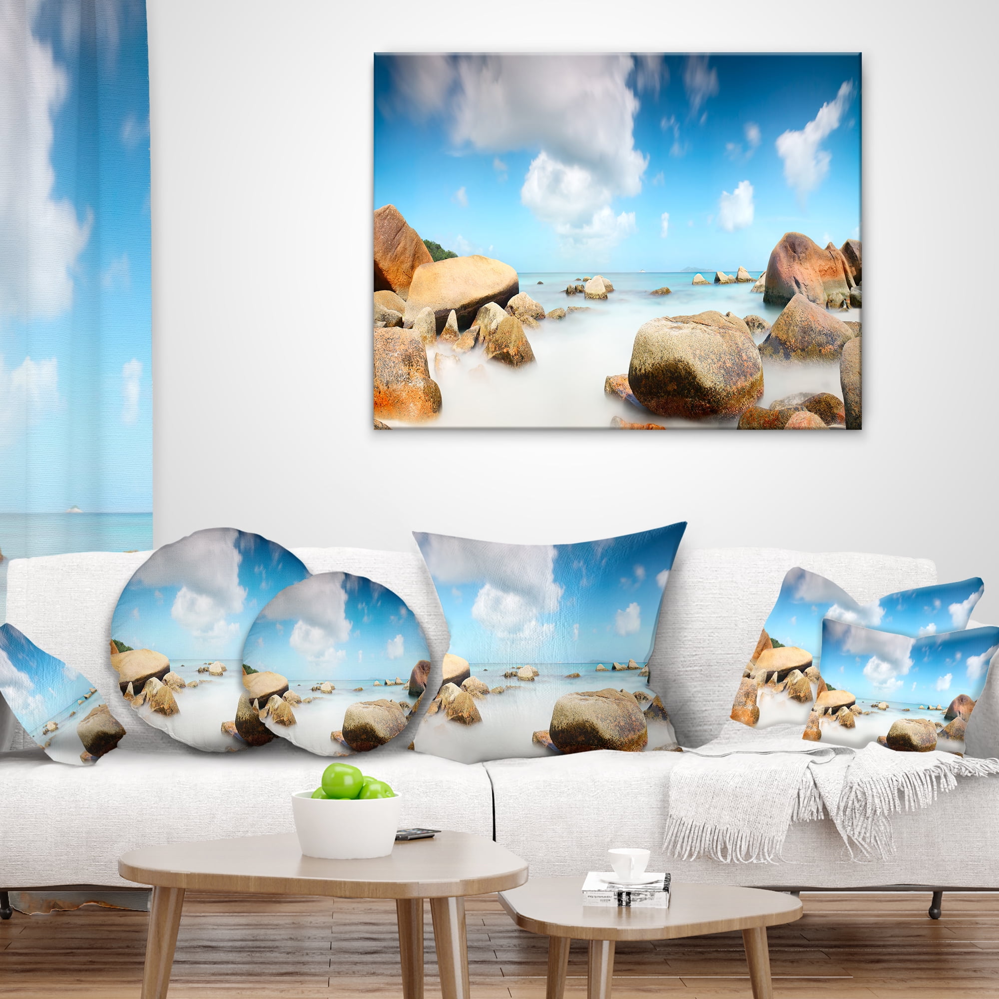 Designart Rocky Blue Seashore Panorama - Landscape Printed Throw Pillow - 16x16