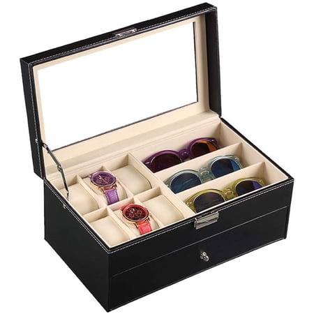 2-Layer Large Leather Watch Box & Sunglasses Glasses Case Organizer Jewelry Case Display Drawer Lockable Case Organizer-Black
