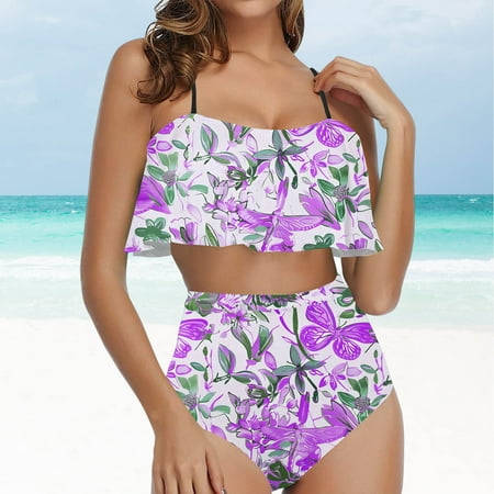 Tawop Women Swimwear Womans Swimwear Two Piece Bikini Ruffle Clearance Swim Purple L