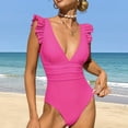 thumbnail image 3 of Women One-piece Monokini Ruffle Edge Deep V Neck Sleeveless Solid Color Elastic Soft Quick Dry Tight Waist Detachable Pads Wireless Surfing Wading Sports Swimsuit, 3 of 7
