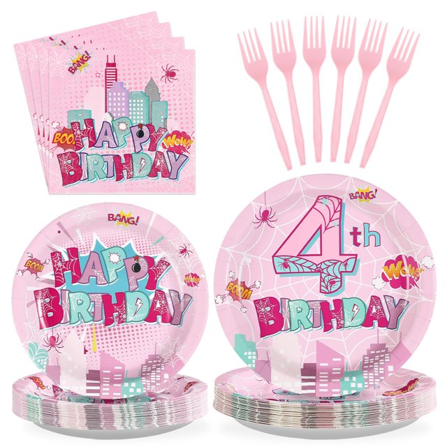 Artículos de fiesta Grencian Spider para el cuarto cumpleaños, color rosa, 24 unidades