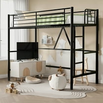 VECELO Metal Twin Size Loft Bed Frame with Stairs & Full-Length Guardrail, Noise-Free, Black