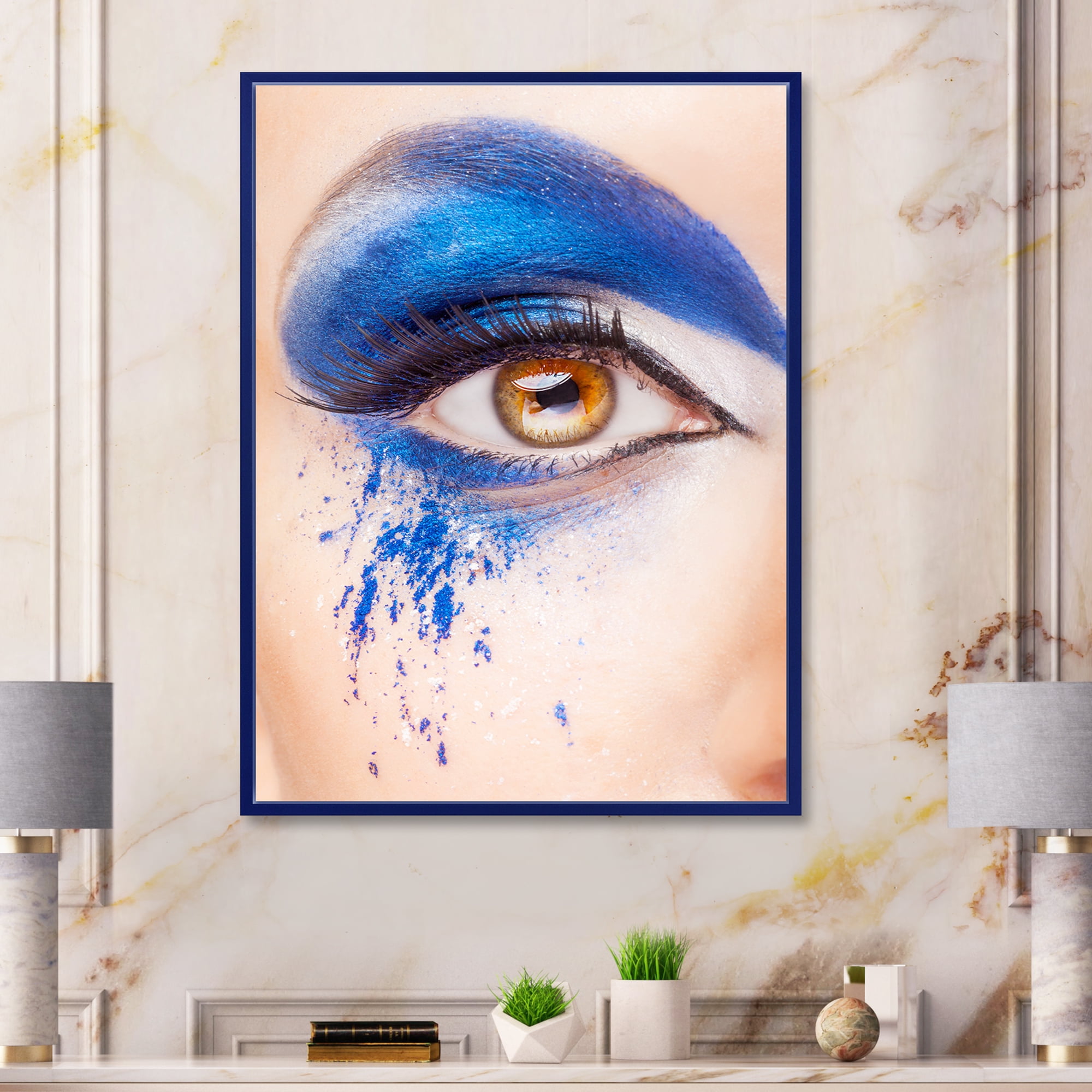 Designart 'Close Up Of Brown Eye With Blue Fantasy Make Up' Modern Framed Canvas Wall Art Print