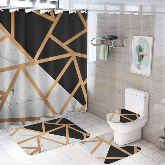 4Pcs Rose Gold Marble Shower Curtain Sets, Bathroom Set Decor with Non-Slip Bath Mat, Toilet Lid Rug and Contour Mat, 72 x 72inch