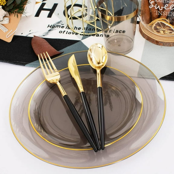 Supernal 180pcs Black Plastic Dinnerware Set Include Gold and Black Plates, Clear Disposable Plates, Gold Plastic Silverware, Clear Cups Suit for Party, Birthday