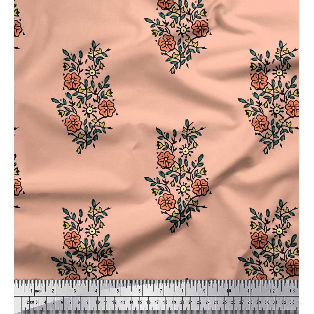 Soimoi Rayon Fabric Leaves & Floral Block Printed Fabric 1 Yard 42 Inch Wide