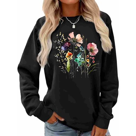 Woman Crew Neck Sweatshirt Bohemian Floral Graphic Shirt Casual Long Sleeve Top
