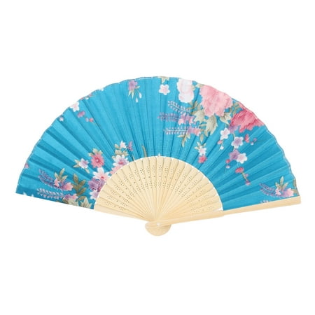 - Lady Wood Color Hollow Out Bamboo Ribs Blue Flower Print Foldable Hand Fan
