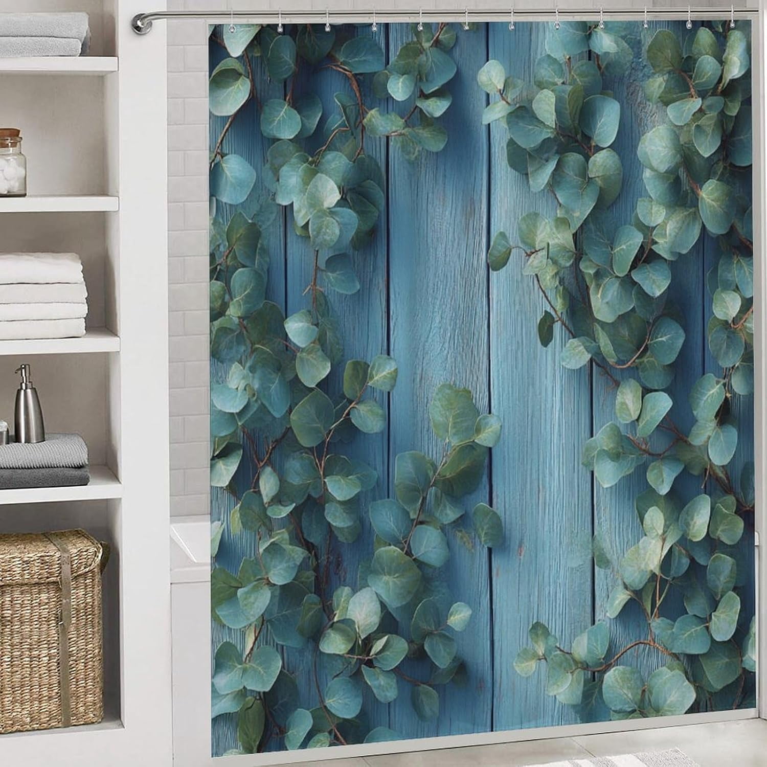 Bathroom Shower Curtain Sets with Rugs, Eucalyptus Leaves Pattern Printed on Bath Sets for Bathroom Accessories, Perfect for Bathroom Hotel Dorm Spa Home, 72 x 72 inches