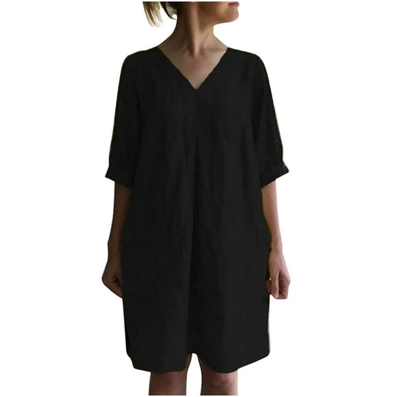 QUYUON Womens Cotton Linen Dresses Summer 3/4 Sleeve V-Neck Casual Blouse Tops Shirt Dresses Solid Color Linen Dress for Women Loose Fit T-Shirt Beach Sundress Style D-3822 Black XL
