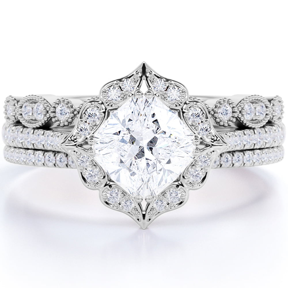 JeenMata 1.5 Carat Cushion Cut Lab Grown Diamond - Halo Engagement Ring Trio Set in 10k White Gold for Women