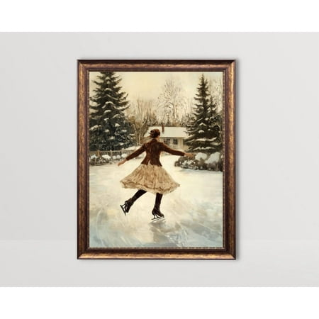 Ice Skating, Winter Wall Art, Girl Ice Skater Poster, Vintage Skating Rink, Rustic Snowy Landscape Posters, Winter Art, Stretched Canvas Size 16x24