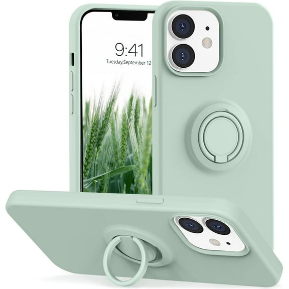 for iPhone 12/iPhone 12 Pro Case with Ring Kickstand,Support Magnetic Car Mount,Full Body Liquid Silicone Shockproof Slim Fit Phone Case for iPhone 12/12 Pro 6.1 inch - Mint
