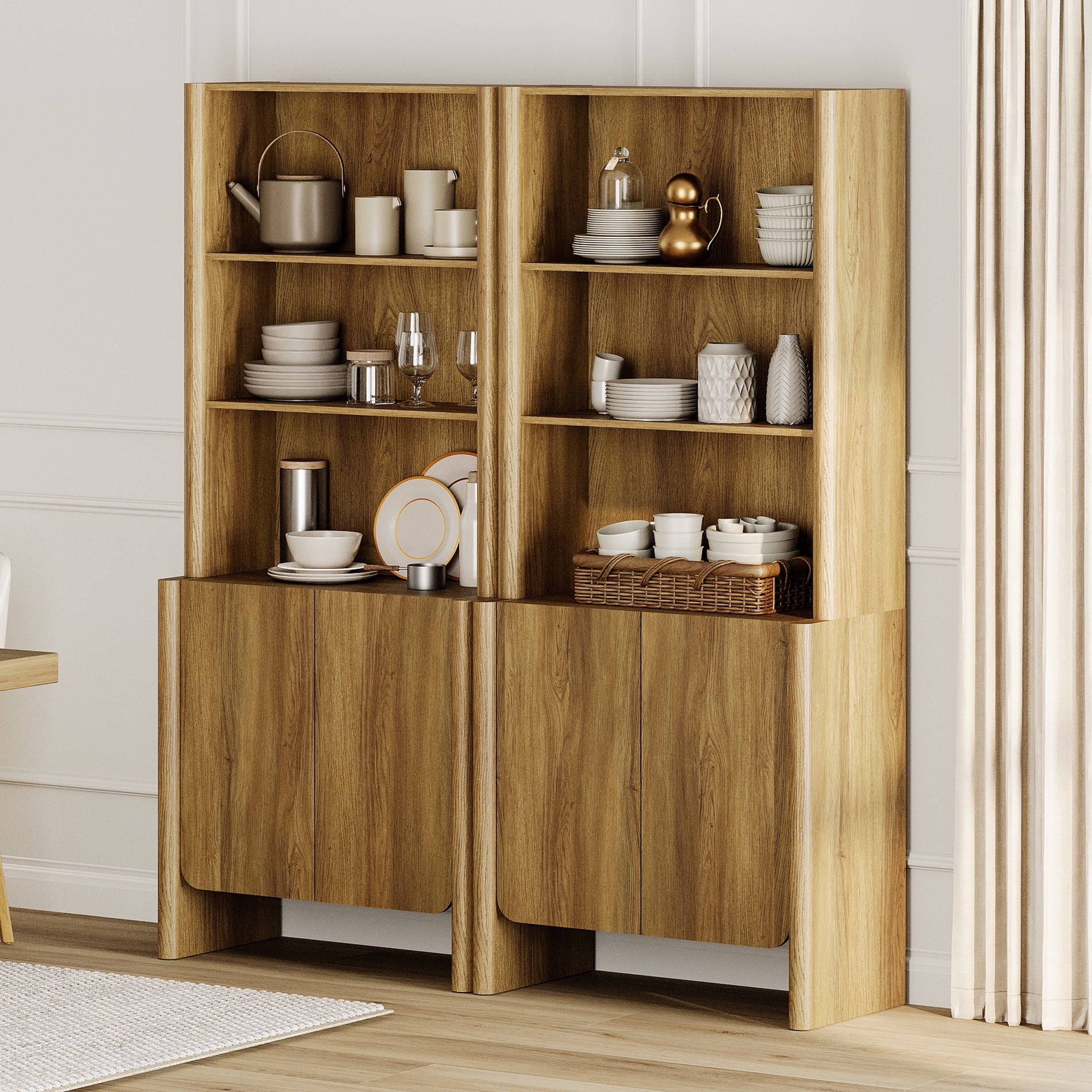 63-Inch Modern French Bookcase with Curved Edges, Doors and Open Shelves, 72.8" Tall, Walnut