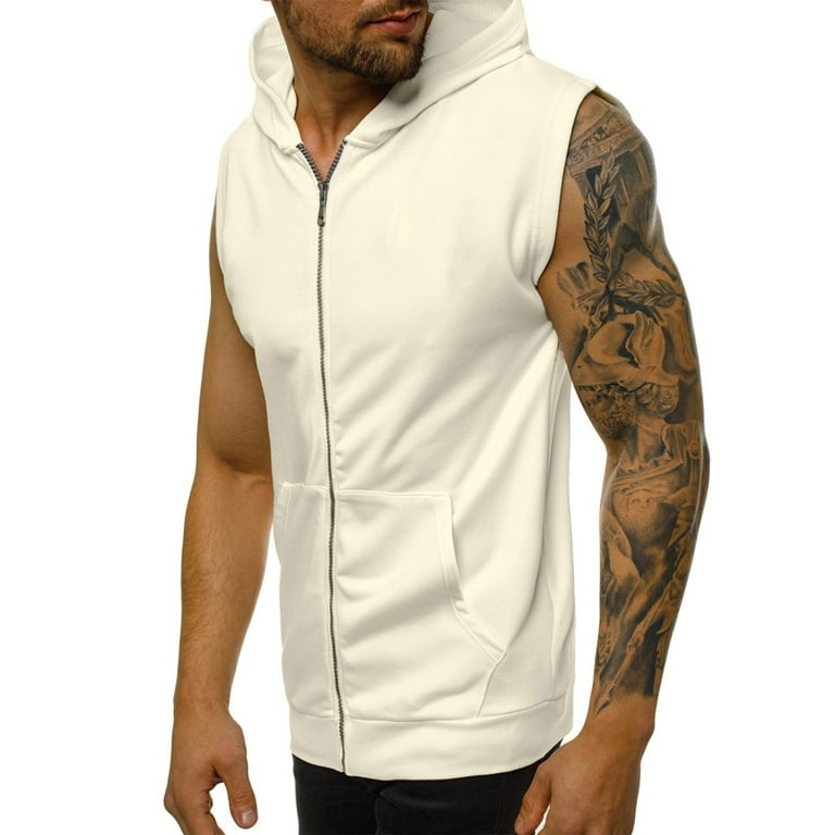 Mens Casual Loose Fit Zip-up Hoodie Vest Solid Lightweight Gym Bodybuilding  Sleeveless Hooded Tank Tops with Pockets 