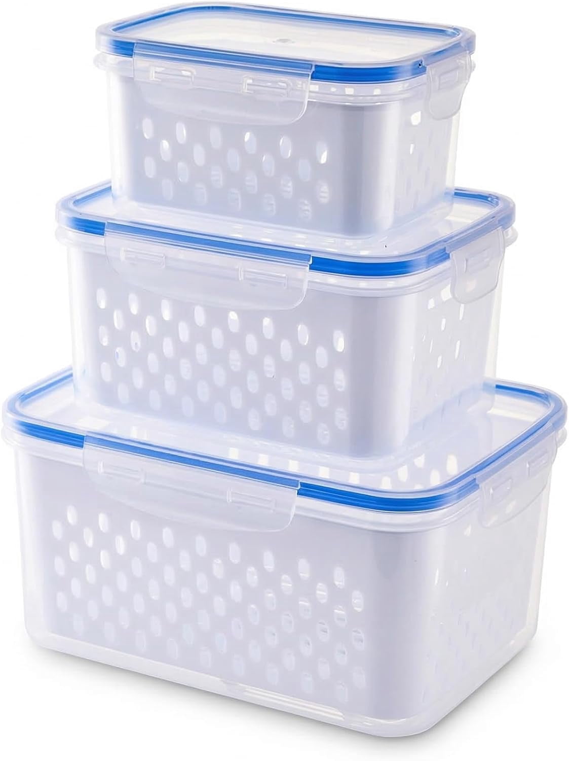 4 in 1 Food Storage Container for Fridge, Produce Keeper with Lid and Removable Strainer, Multipurpose Large Fruit & Vegetable Storage with Drain Basket (Blue)