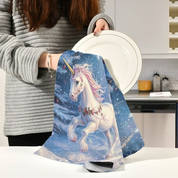 BZSMCE Kitchen Towels Creative Cute Christmas Unicorns Pattern Durable Kitchen Towel