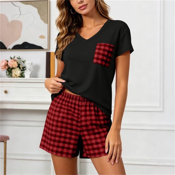 ZyeKqe Vacation Outfits for Women 2 Piece Summer Sets Crewneck Short Sleeve Shirts Match Plaid Casual Shorts Beach Travel Sets