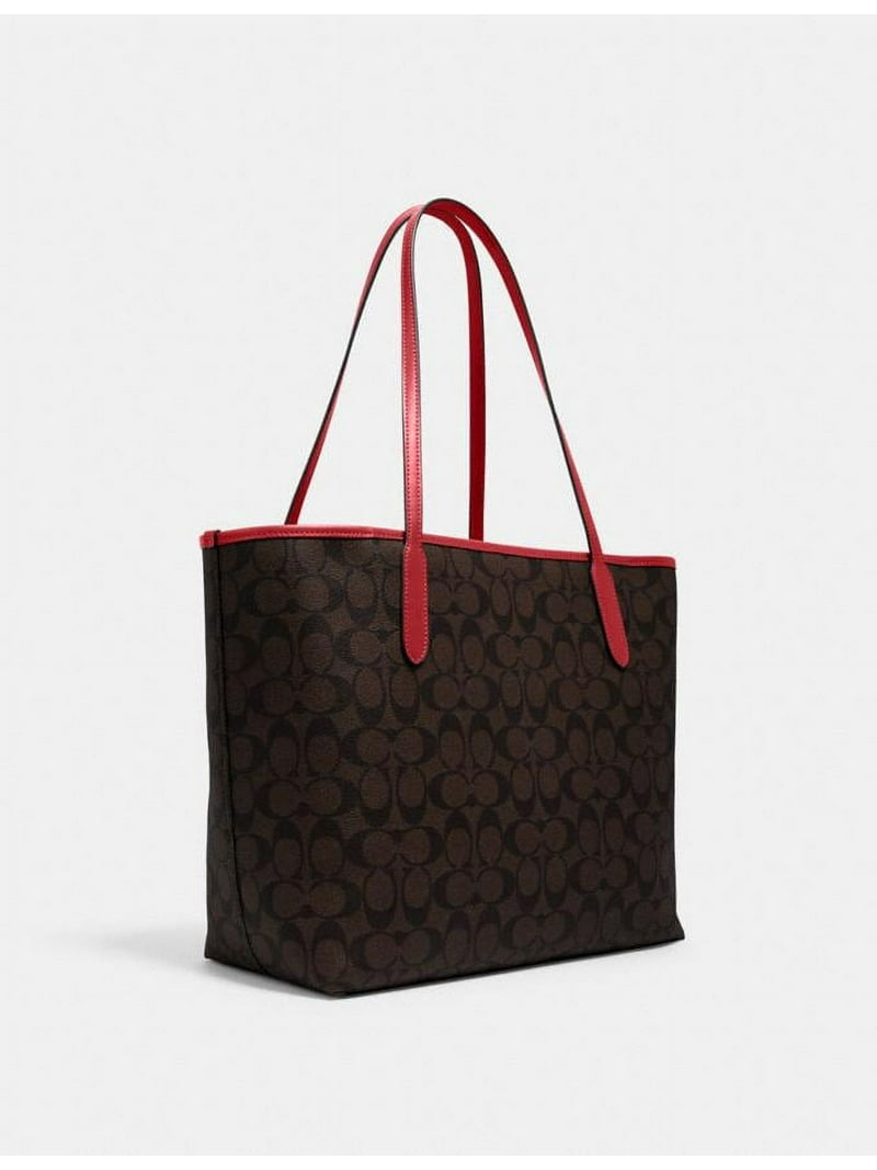 Coach Women's Signature Canvas City Tote, Leather Details, Zip