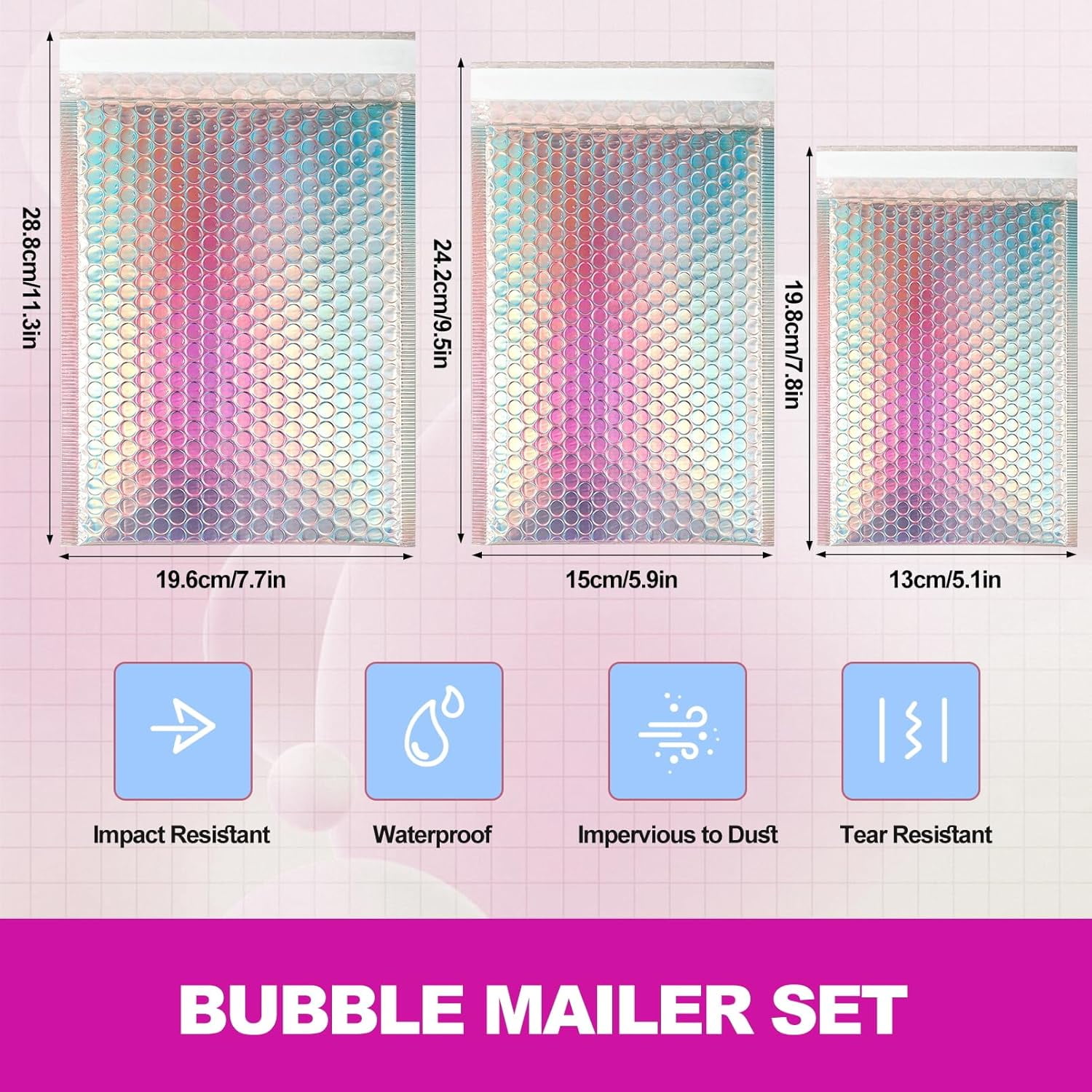 50 Pcs Holographic Bubble Mailers,Metallic Bubble Mailers With Thank You Cards and Stickers,Poly Padded Envelopes,Waterproof Self Sealing Shipping Bags for Mailing,Small Business