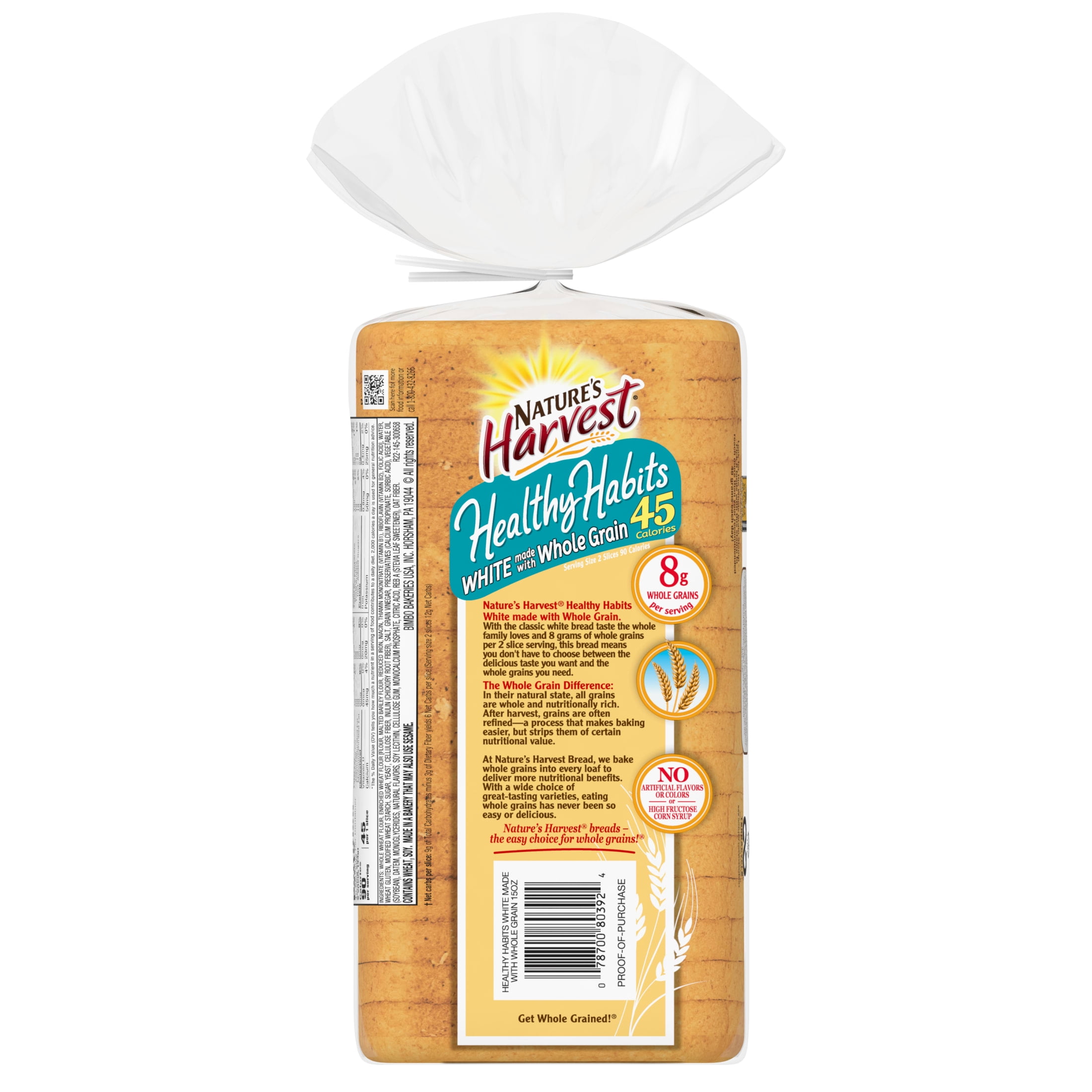 Nature's Harvest Healthy Habits White Made with Whole Grains Bread, 15 oz, Plain White Bread, Bag