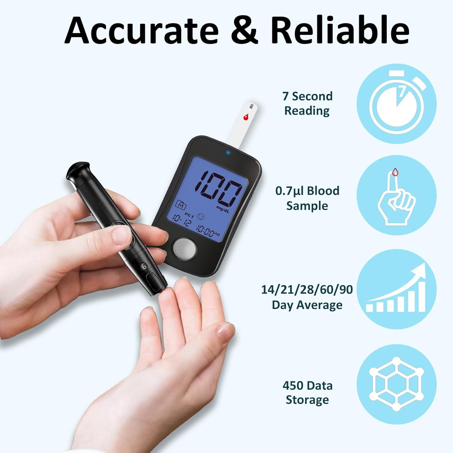 HanrayCare Blood Glucose Monitor Kit TD-4125,100 Strips,100 Lancets,No Coding Diabetes Home Test Kit