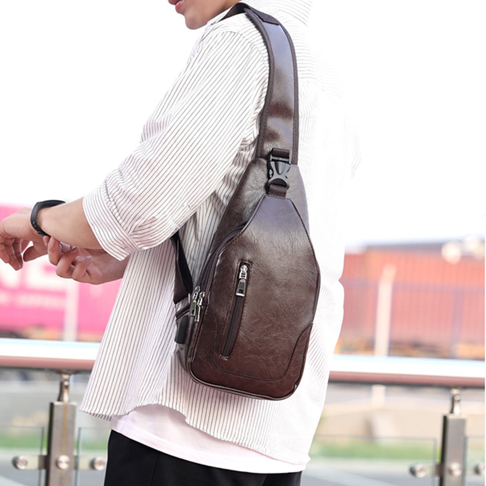 Sac Bandoulière Homme En Cuir Imperméable - Sac De Poitrine, 4 Compartiments, Réglable, Pour Randonnée Voyage