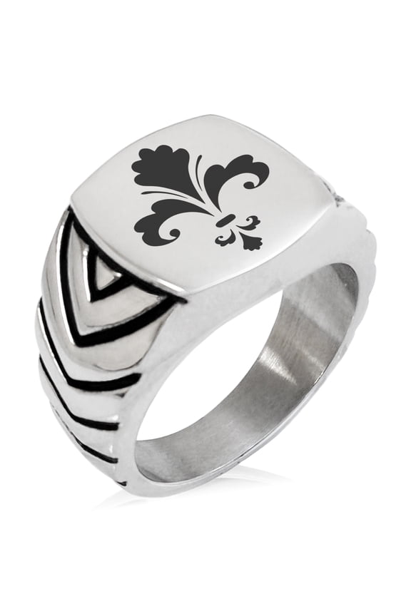 Stainless Steel Floral Fleur De Lis Chevron Pattern Biker Style Polished Ring