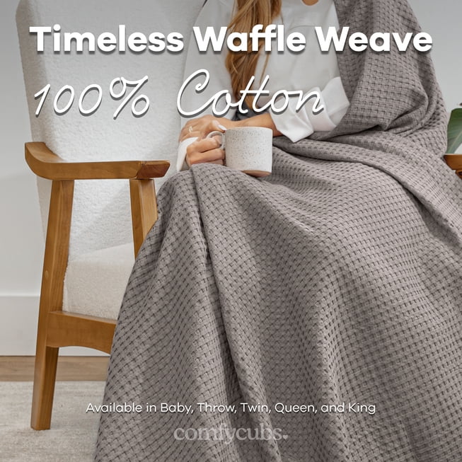 Comfy Cubs 100% Cotton Waffle Weave Blanket - Soft Lightweight Blankets (Charcoal, 90" X 90")
