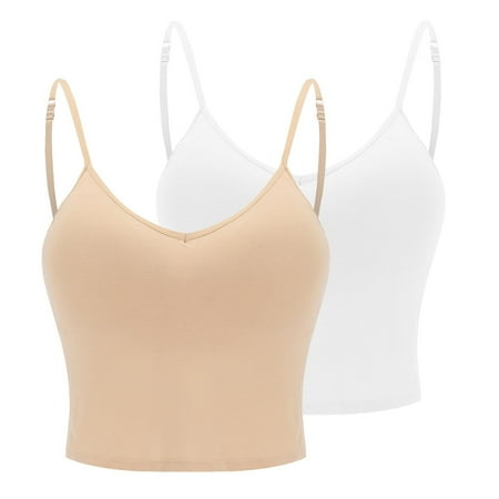 Under 10! Brasieres Para Mujer Women Polyester Blouse 2pc Women s Solid Neck Thin Padded Wireless Bra Set Integrated Padded for Support(2pc Vest (1pc White + 1pc Apricot))