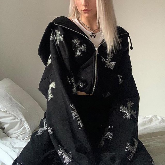 Manteau à Capuche Décontracté à Manches Longues pour Femmes Automne Mode Gothique Foncé Imprimé