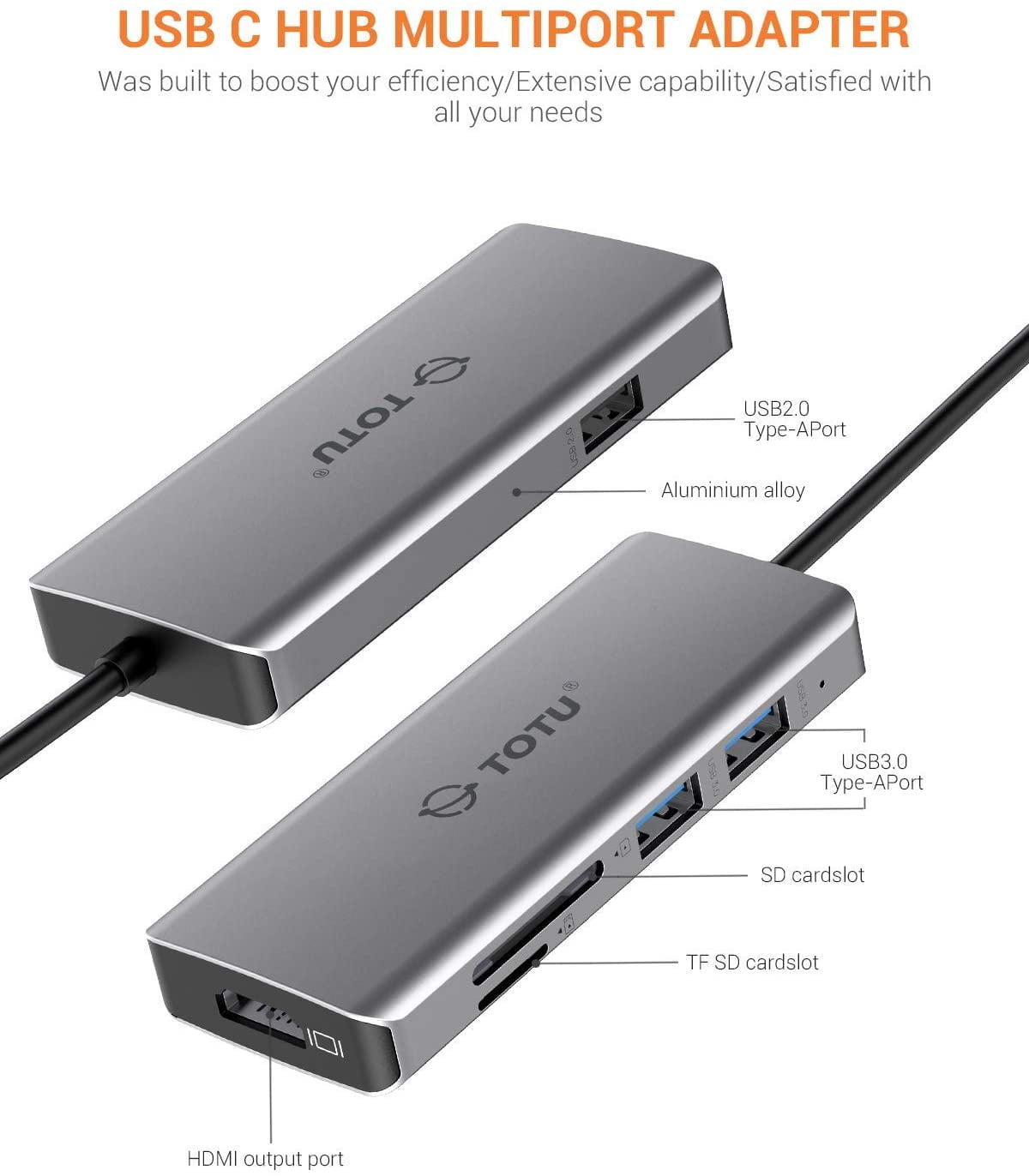 USB C Hub Gray TOTU 6-in-1 Type C Hub with 2 USB 3.0 Port,1 USB 2.0 Port,4K HDMI,SD/TF Card Port,Compatible for MacBook/Pro/Air 2016/2017/2018 and More USB C Devices 