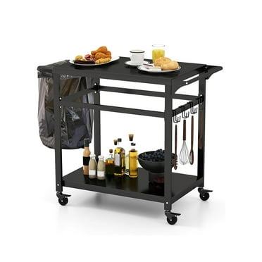 Multifunctional Dining Cart Work Table, Outdoor Grill Cart Pizza Oven Stand with Shelf, Hooks, Movable Backyard Patio BBQ Kitchen Food Prep Cart with Lockable Wheels, Side Handle