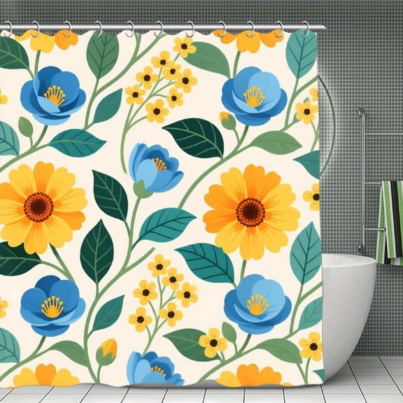 Watercolor Blue Yellow Floral Print Shower Curtain,Modern Fabric Waterproof Shower Curtain Set with Hooks 70.8×70.8Inch (180×180cm)