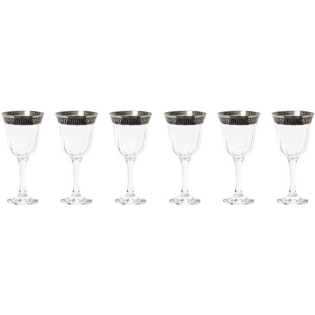 Joseph Seigh GPC1002-1786, 8 Oz Hand Made Goblet w/ Silver Platinum Ornament, Wine Glasses w/ Greek Key Design Rim, Set of 6