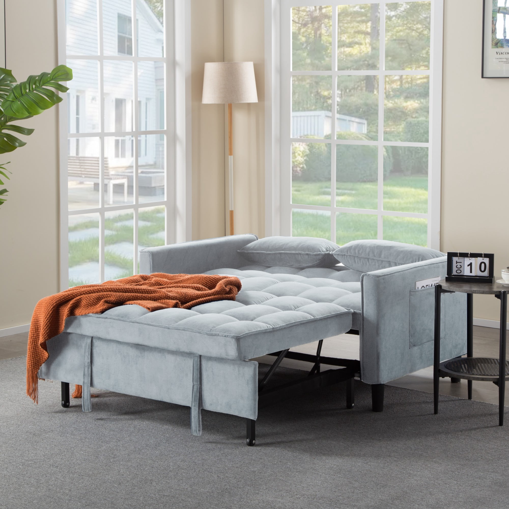 Gewnee 53.94" Pull-Out Sofa Bed – Convertible Twin Size Sleeper Bed,3 Adjustable Backrest Angles & Storage Side Pocket for Living Room,Office,Guest Room.Light Grey