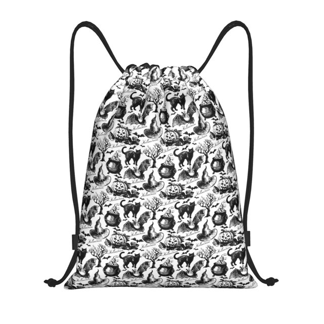 Fotbe Black White Halloween Bolsa Mochila con Cordón Estampada, Bolsa de Gimnasio Deportiva, Bolsa Cinch, Bolsa con Cordón para Hombres y Mujeres-Medium