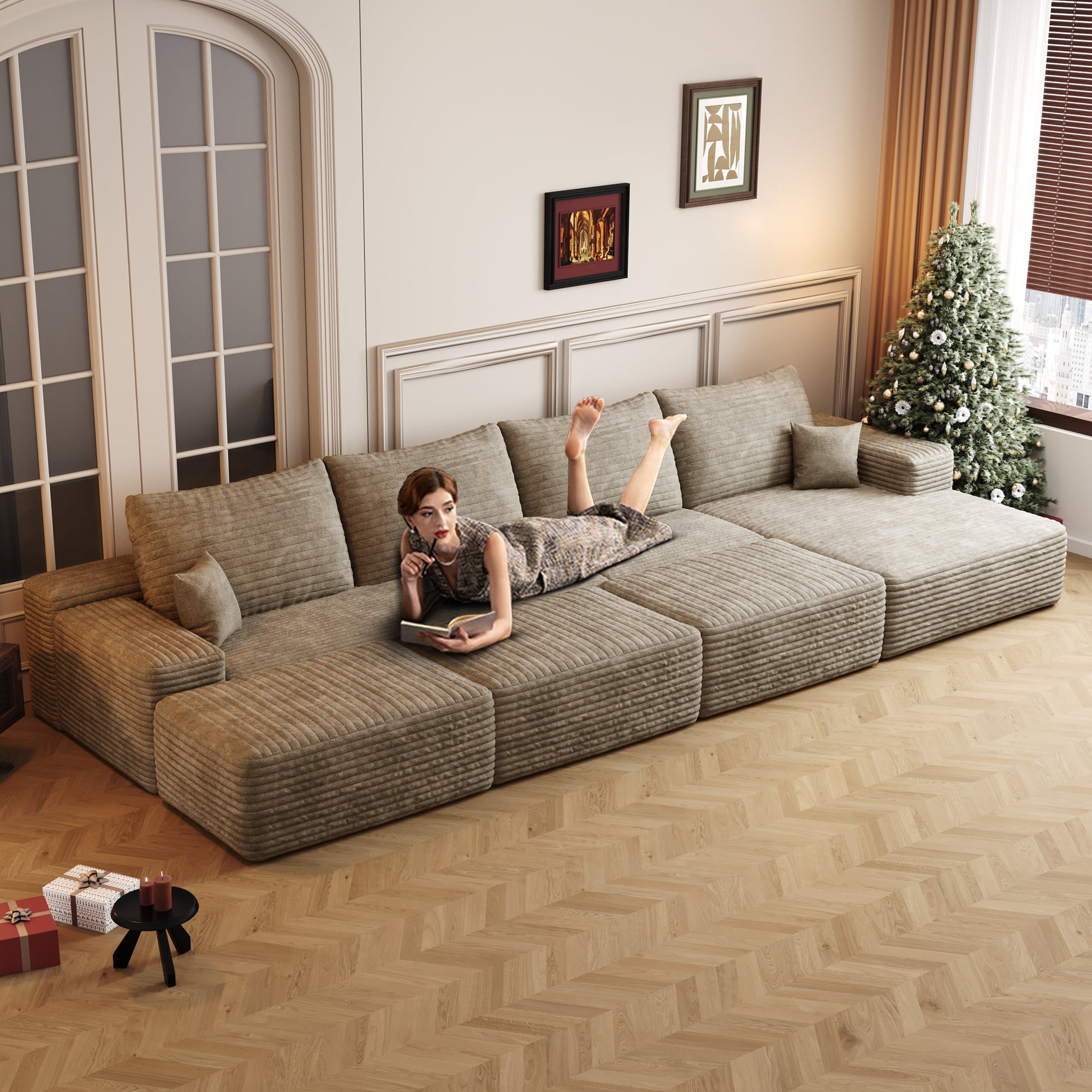 MAYEERTY 135" Large Modular Cloud Sofa Bed, 6-Seater Living Room Sofa, No Assembly Plush Corduroy Fabric, Camel (6 packages)