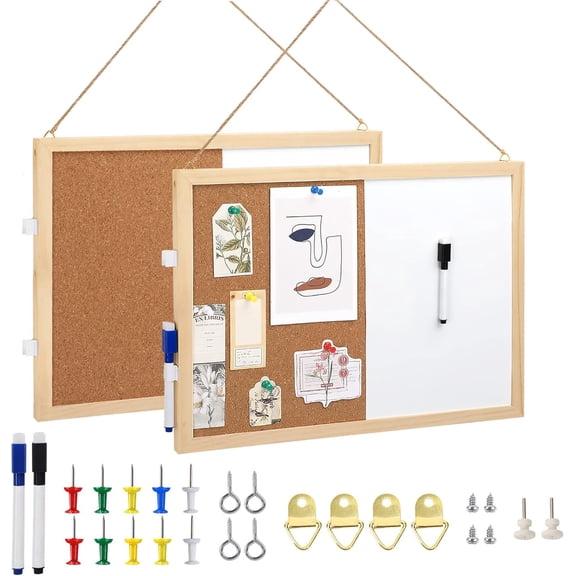 2 Pack Cork Board White Board Combo 15.7x12 Inches Pin Board | Self Healing Wood, Hanging Office White Push Pin Board Vision Board for Room School Office, with Pins, Hardware, Rope