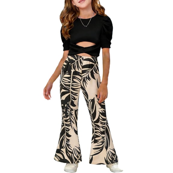 WRKEKC Girls Summer Outfits Cross Strap Puff Sleeve Crop Top Print Flare Pants Casual Two Piece Set 3-10 Years